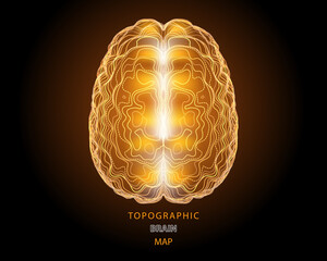 Abstract topographic map of human brain. Conceptual of creative and artificial intelligence. Futuristic glow forms of lines brain structure on black.