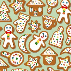 Figured cookies with sugar icing. Festive texture.