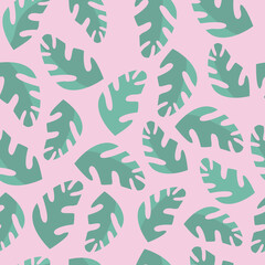 Tropical seamless pattern. Green palm leaves on a pink background. Design for fabric, print, cover, banner, and invitation. Vector illustration