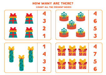 Count all present boxes. Educational math game for kids.
