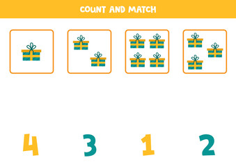 Count gift boxes and match them with numbers. Educational math game for kids.