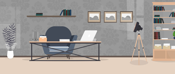 Loft style room. Bright room. Workplace. Table with laptop, books and documents. Flower in a pot, wooden cabinet, paintings. Vector.