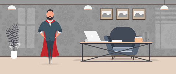 Director with a red cloak in the office. Businessman with a red raincoat. Loft-style room. Bright room. Workplace. Table with laptop, books and documents. Flower in a pot, wooden cabinet. Vector.