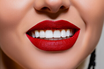 Sexy Red Lips closeup. smile. Beauty Lips with Red Lipstick. Natural Decorative professional...