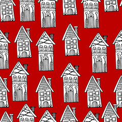 Pattern with beautiful houses. Christmas gingerbread houses. New Year's street. Coloring book for children and adults. anti-stress with small details. architecture. For banner, coloring, wallpaper, 