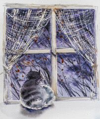 A tabby cat sitting on a windowsill looking outside at rainy autumn day. Watercolour illustration.