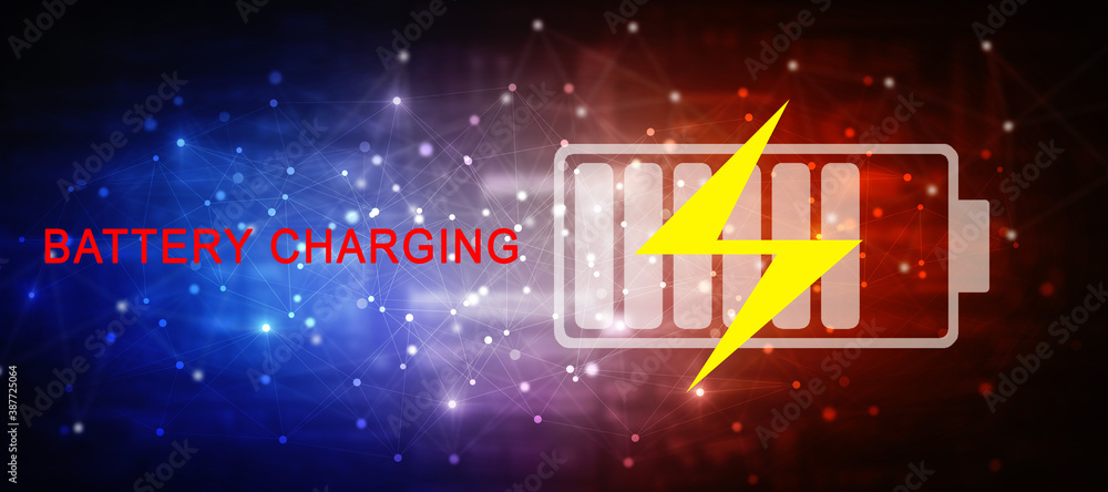 Poster 2d rendering electrical energy and power supply source concept, accumulator battery with charging le
