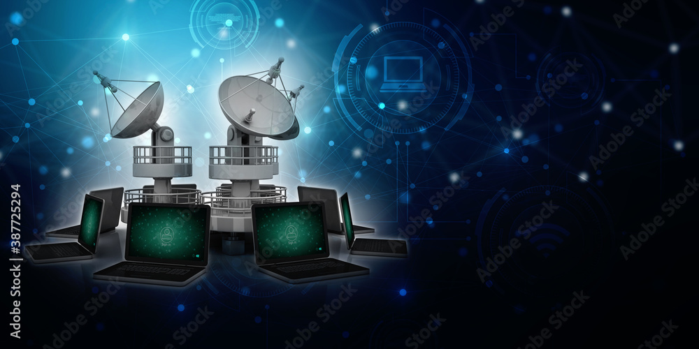 Poster 3d rendering computer network with satellite