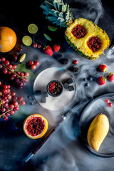 Hookahs on a fruit bowl. Top view, smoke, fruits.