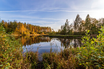 A lake in the middle of the forest. Warm autumn day.