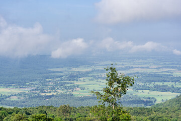 Landscape of forests, lush green mountains and beautiful skies.