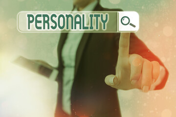 Conceptual hand writing showing Personality. Concept meaning the condition or fact of relating to a...