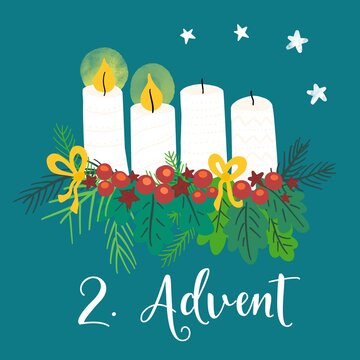 Advent wreath illustration. Christmas arrangements with 4 candles, two burning, bows, berries and pine branches. 2nd Advent. German holiday tradition. Christmas countdown for cards, social media posts