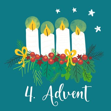 Advent wreath illustration. Christmas arrangements with 4 candles, four burning, bows, berries and pine branches. 4th Advent. German holiday tradition. Christmas countdown for cards, social media post