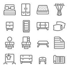 Bedroom furniture icon illustration vector set. Contains such icon as Bed, Mattress, Blanket, Carpet, Dressing table, clothes line, and more. Expanded Stroke