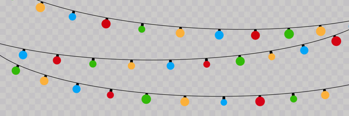 Christmas color lights isolated realistic design elements. Glowing lights for Xmas Holiday cards, banners, posters, web design.