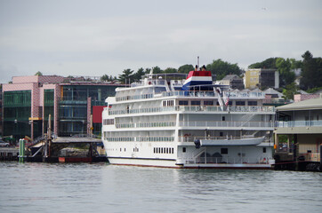 Small American cruiseship or cruise ship liner in port of Portland, Maine during New England...