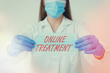 Text sign showing Online Treatment. Business photo showcasing providing mental health services over the internet Laboratory blood test sample shown for medical diagnostic analysis result