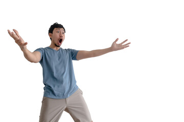 Asian man with surprised action pose on isolated background.