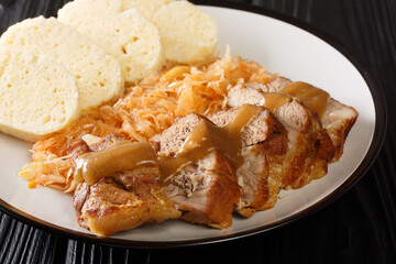 National Dish of Czech Republic Vepro Knedlo Zelo close-up in a plate on the table. Horizontal