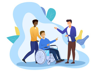 Fototapeta premium The concept of a fulfilling life. A disabled man in a wheelchair is enjoying life with his friends. Flat cartoon vector illustration.