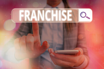 Conceptual hand writing showing Franchise. Concept meaning right or license granted to an...