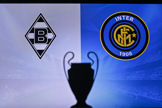 MADRID, SPAIN, NOVEMBER. 16. 2020: Borussia Mönchengladbach vs. Inter Milan Football UEFA Champions League 2021 Group Stage match. UCL Trophy silhouette, sign of club on the screen in background
