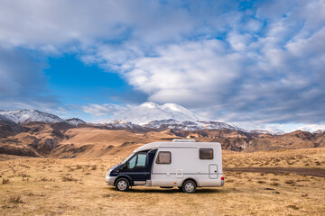 Obraz na płótnie Canvas Family vacation travel, motorhome vacation, Caravan car vacation. Beautiful nature of Russia. natural landscape. Elbrus