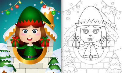 Obraz na płótnie Canvas coloring book with a cute girl elf christmas characters inside the house