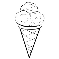 sketch of ice cream in balls in a waffle cone, coloring book, cartoon illustration, isolated object on white background, vector,