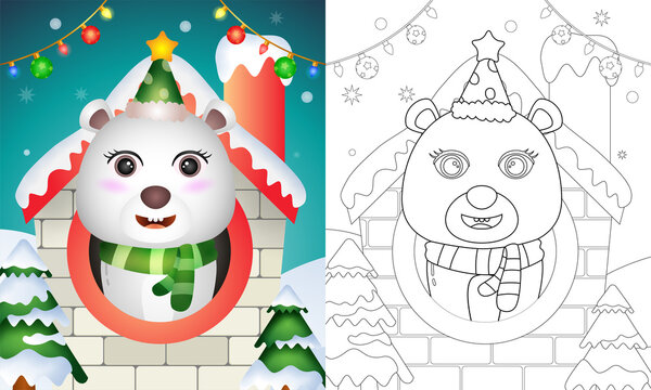 coloring book with a cute polar bear christmas characters using hat and scarf inside the house