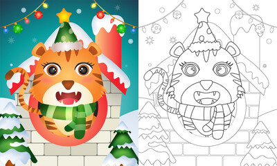 coloring book with a cute tiger christmas characters using hat and scarf inside the house