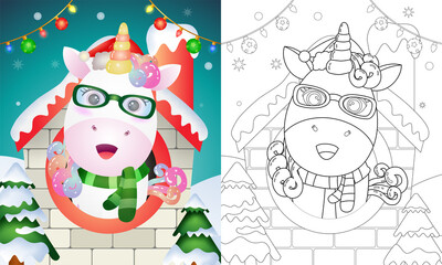 Obraz na płótnie Canvas coloring book with a cute unicorn christmas characters using hat and scarf inside the house