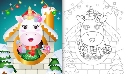 coloring book with a cute unicorn christmas characters using santa hat and scarf inside the house