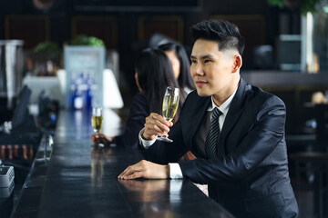 Executive business people greeting and meeting with partner or friends, alcohol drink hang out party and smile cheers together after work
