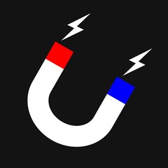 Magnet icon vector, flat cartoon magnet with magnetic power isolated on black background.