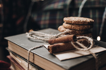 Scandinavian hygge styled Christmas composition. Cozy winter homely scene with books, cookies and cinnamon sticks. Santa Claus working place. Flatlay. Home decor.