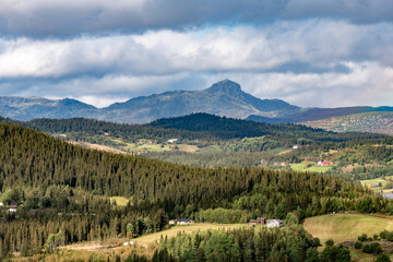 The valley of Øystre Slidre, Valdres Norway, with high mountains in the background