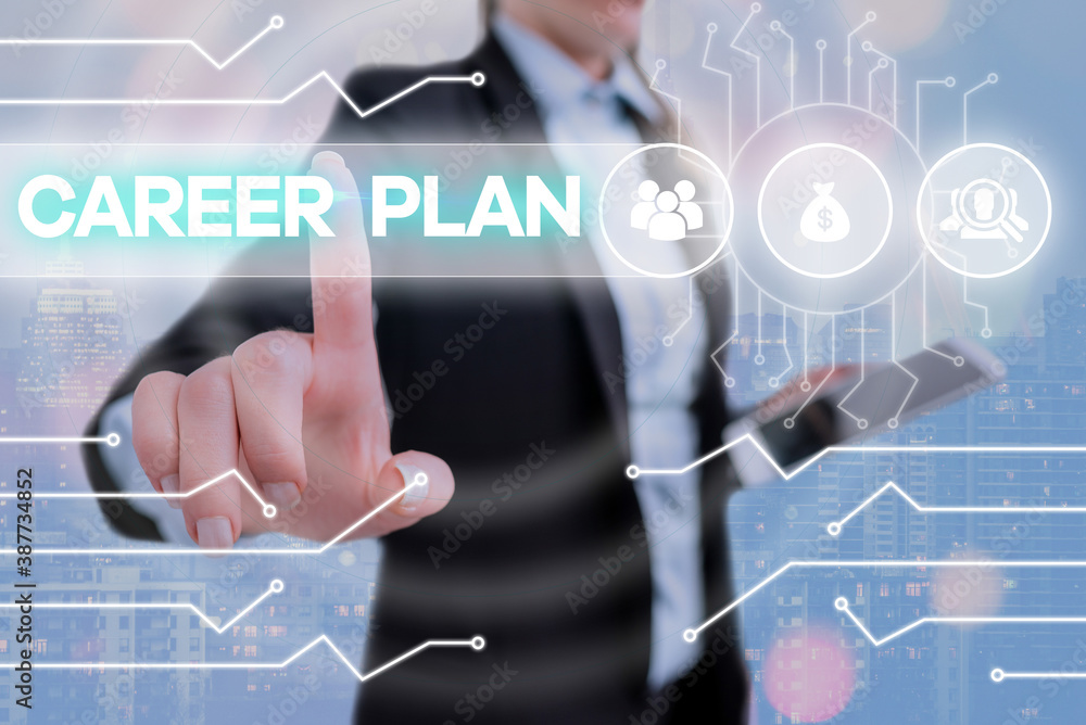 Poster writing note showing career plan. business concept for ongoing process where you explore your intere
