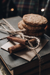 Scandinavian hygge styled Christmas composition. Cozy winter homely scene with books, cookies and cinnamon sticks. Santa Claus working place. Flatlay. Home decor.