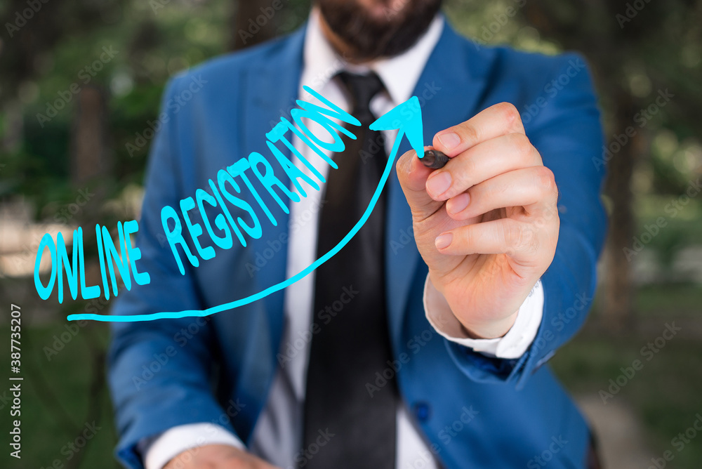 Poster conceptual hand writing showing online registration. concept meaning system for subscribing or regis