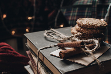 Scandinavian hygge styled Christmas composition. Cozy winter homely scene with books, cookies and cinnamon sticks. Santa Claus working place. Flatlay. Home decor.