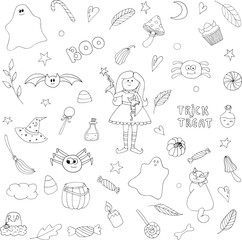 Halloween icons sketch vector. Hand drawn doodles