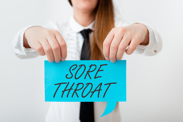 Conceptual hand writing showing Sore Throat. Concept meaning Inflammation ot the pharynx and fauces...