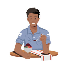 Smiling african eating chocolate ice cream isolated flat cartoon character. Vector afro-american smiling guy enjoying sweet dessert. Person sitting at table with napkin in cafe or restaurant