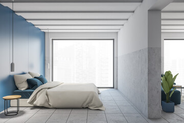 White and blue bedroom interior, side view