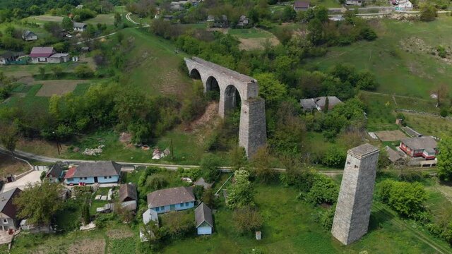 Aerial view of unfinished viaduct in the village of Zubrivka near Kamyanets-Podilskyi. Construction ceased in 1917 due to the war. Khmelnitsky region, recreation and tourism, architecture. Ukraine