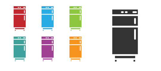 Black Refrigerator icon isolated on white background. Fridge freezer refrigerator. Household tech and appliances. Set icons colorful. Vector.