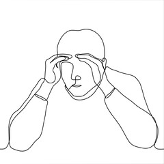 man folded his hands on his forehead in complete frustration. one line drawing a man grabbed his head in confusion, despair, doubt, dissociation, misunderstanding