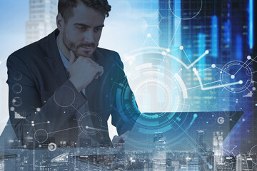 Thoughtful businessman with laptop, network interface